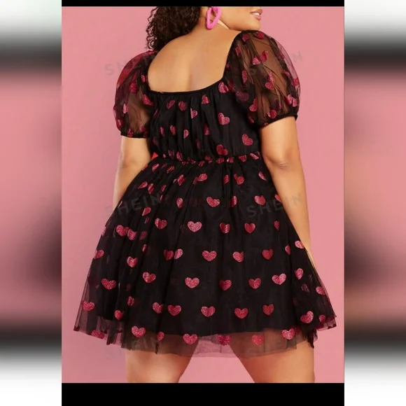 Plus Size Puff Sleeve Love Mesh Dress - Picture 2 of 9